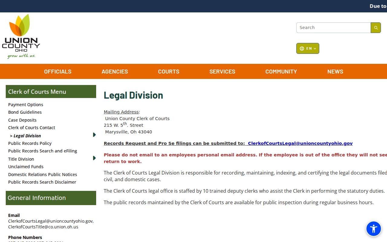 Union County court docket Legal Division information