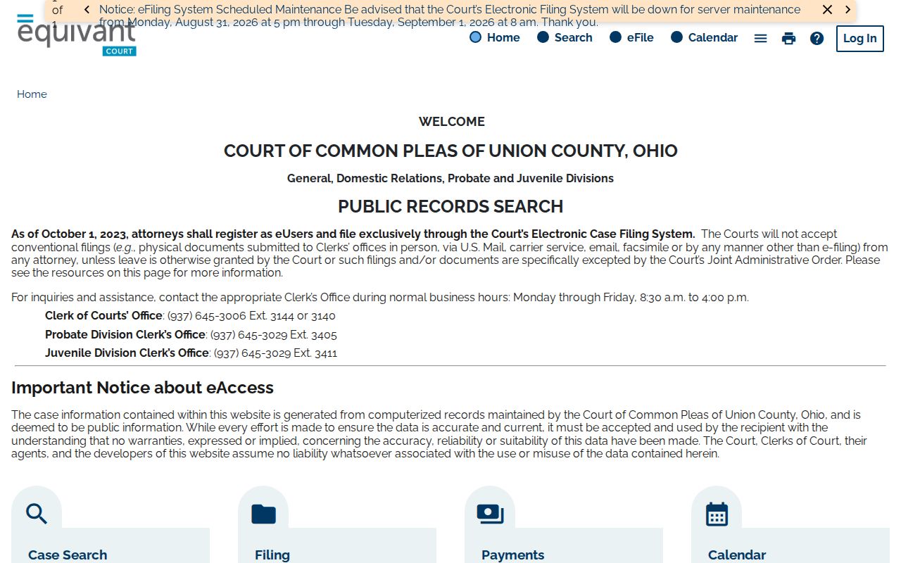 Union County court docket eServices public-record search interface