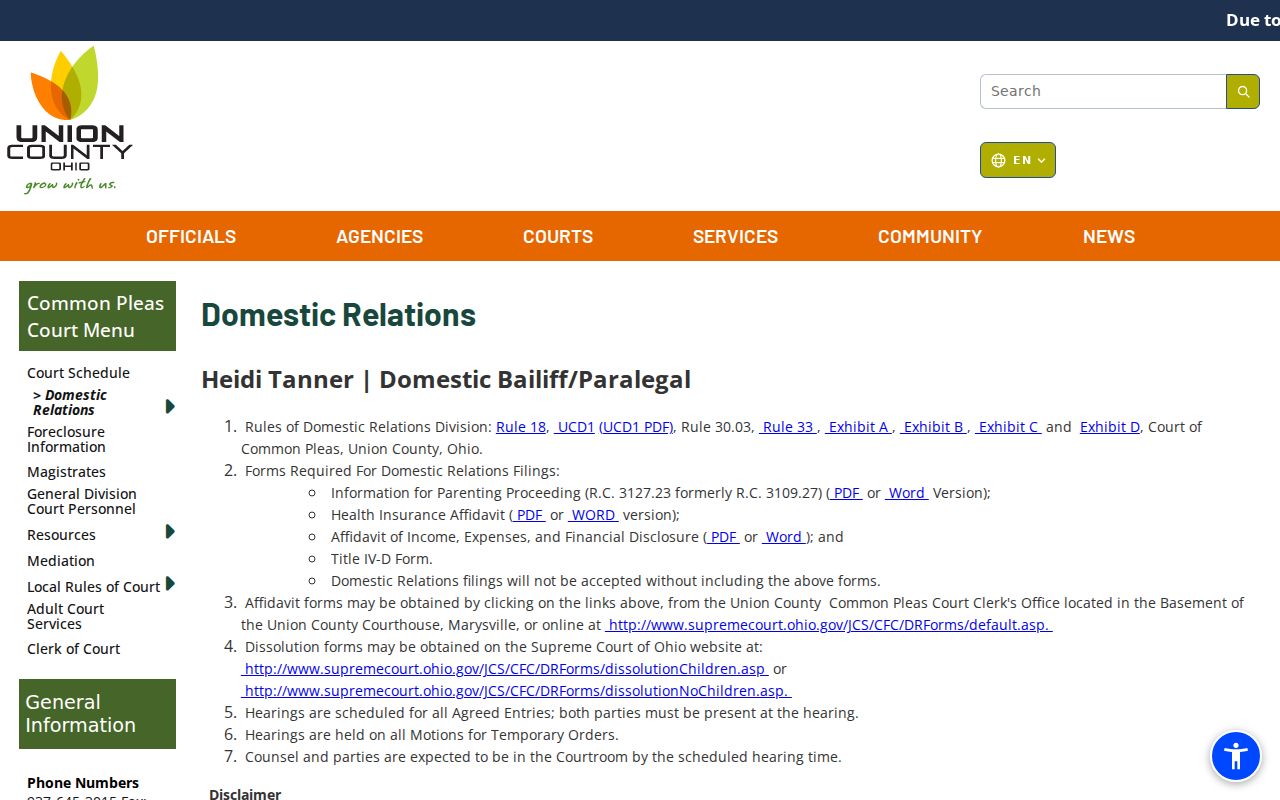Union County civil court docket Domestic Relations office information