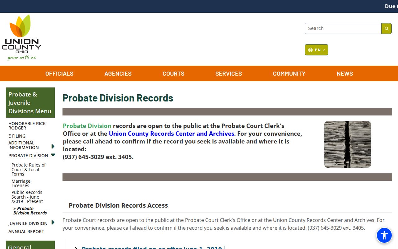 Union County court records route for current and historic Probate records