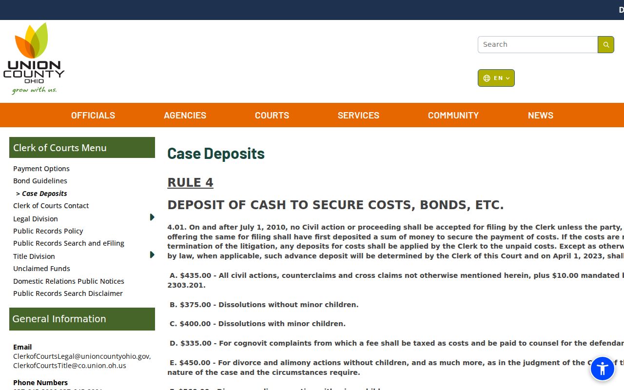 Union County court records page showing selected clerk fees and deposits