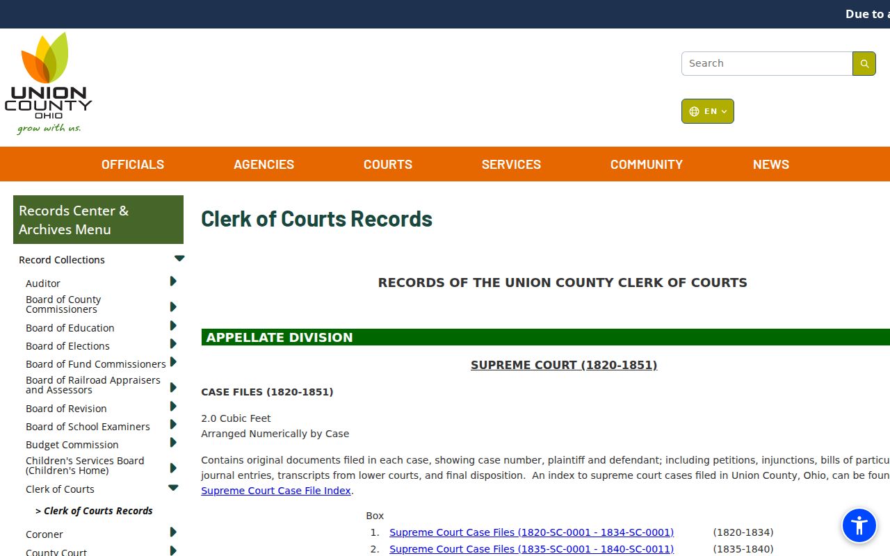 Union County court records archive description for historic docket volumes
