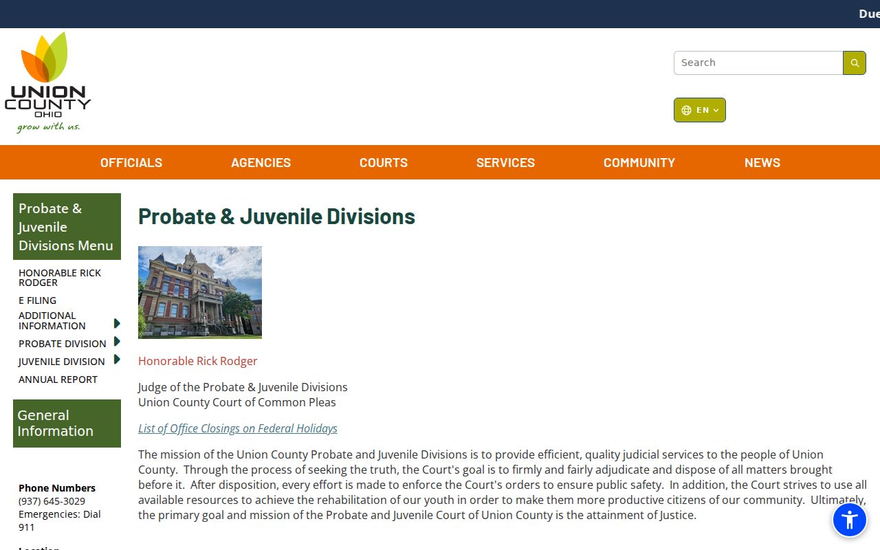 Union County court records information for the separate Probate and Juvenile divisions