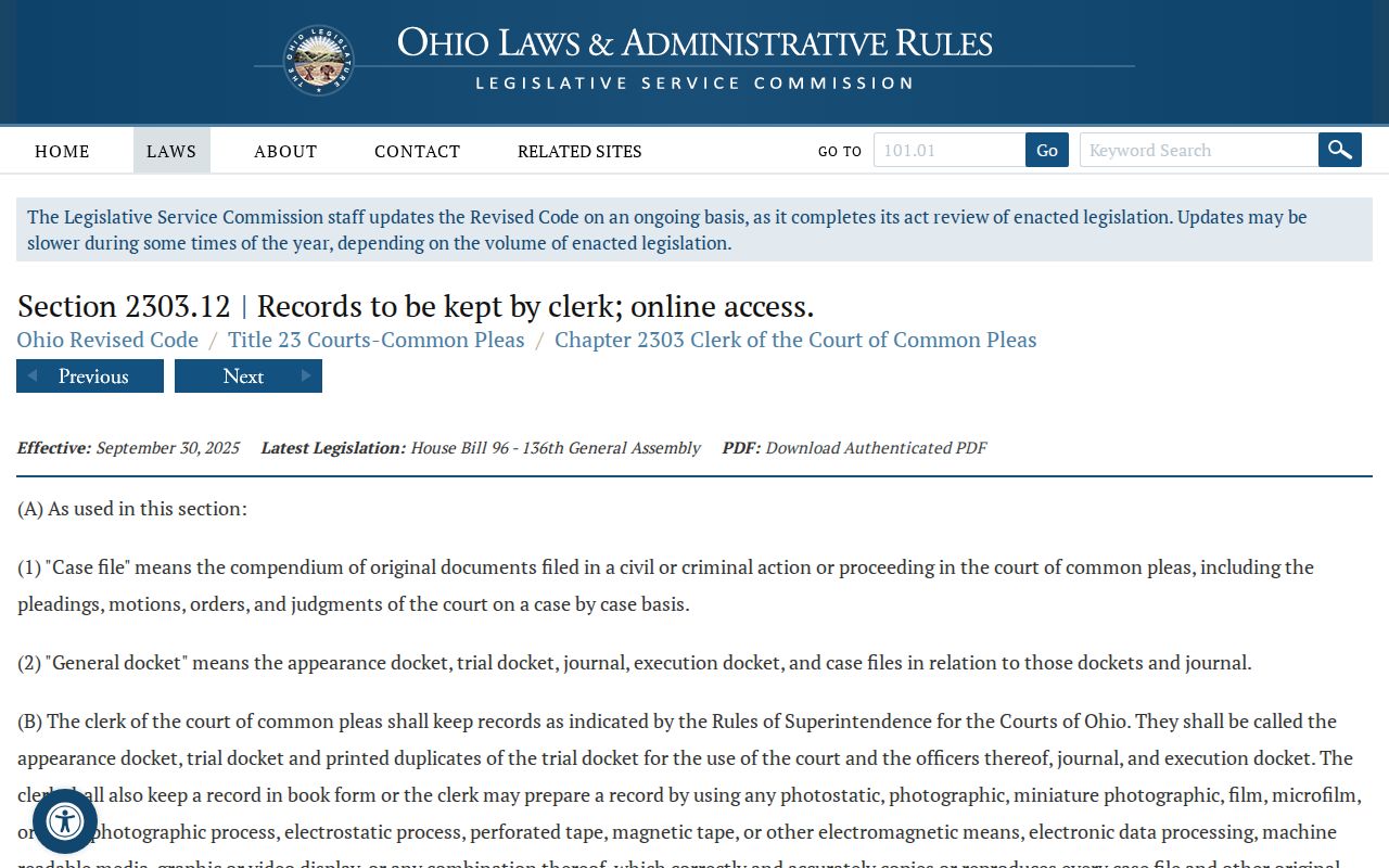 Union County criminal court docket access rule in Ohio Revised Code 2303.12