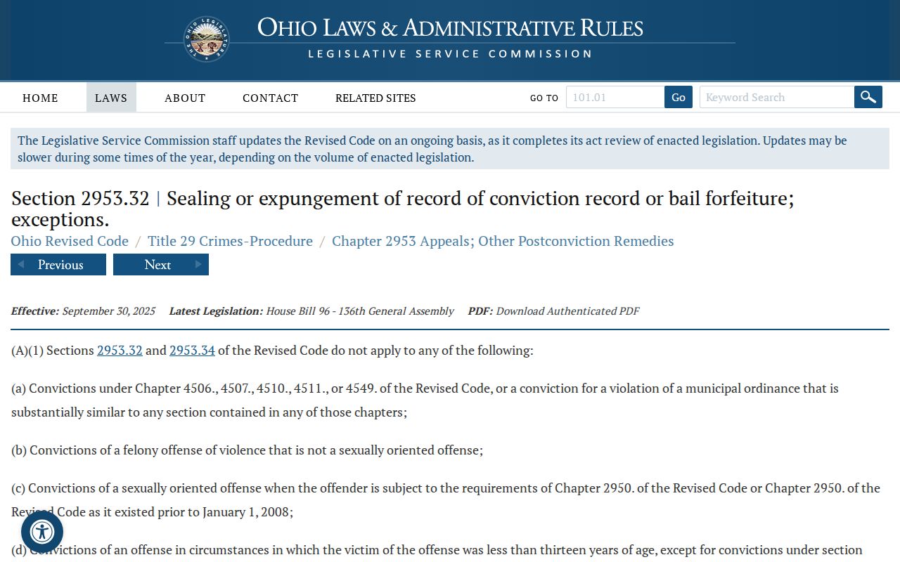 Union County criminal court docket sealing rule in Ohio Revised Code 2953.32
