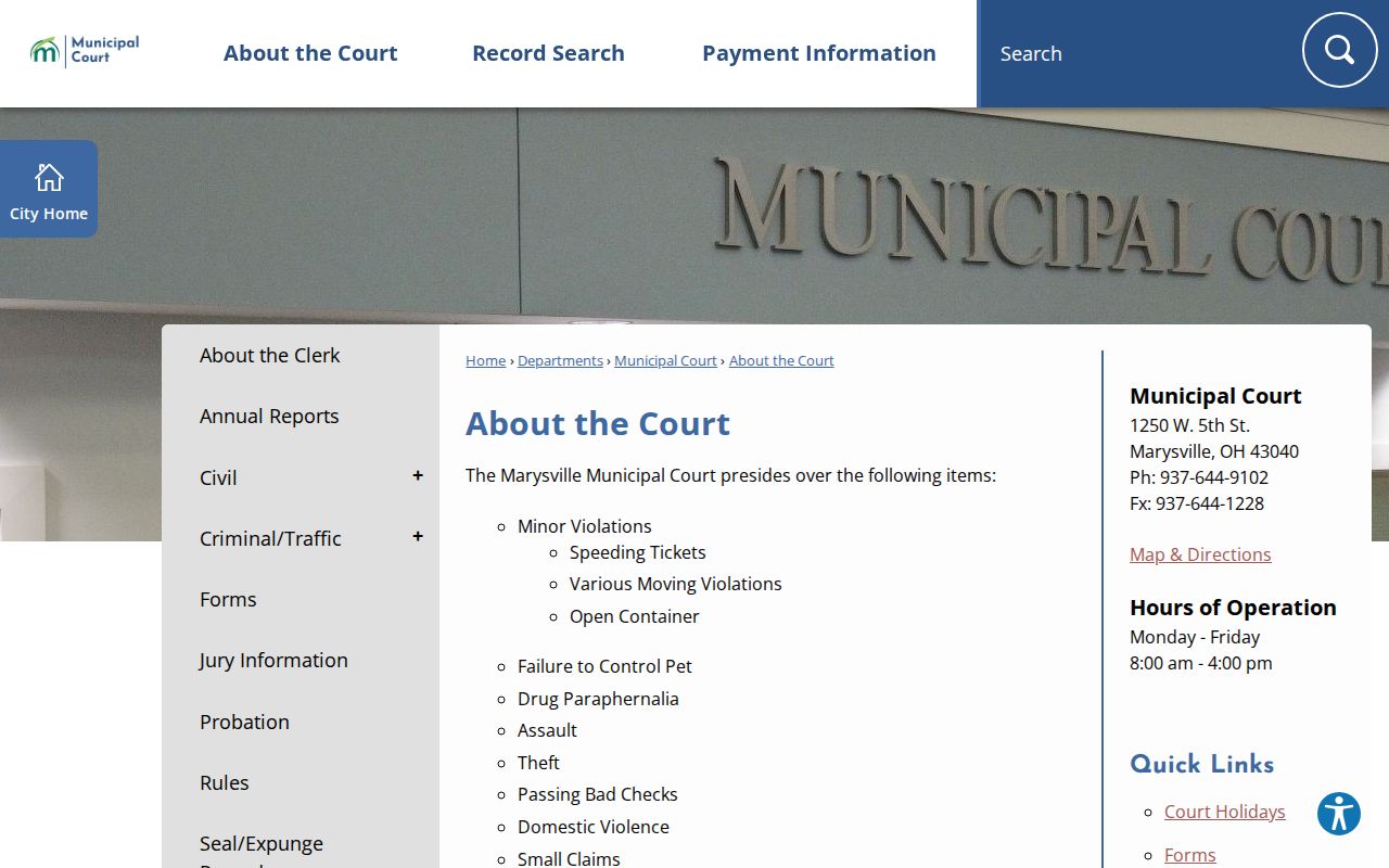 Plain City court records route through the countywide Marysville Municipal Court