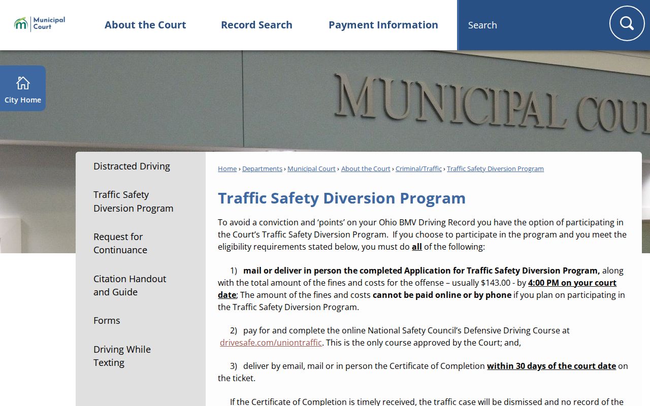 Union County traffic court Traffic Safety Diversion Program information